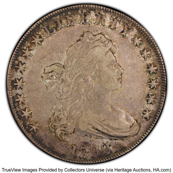image for: 1799 $1 7x6 Stars, B-8, BB-154, R.3, VF35 PCGS. CAC. Bowers Die State I. A small die flaw to the right of the second S in S...