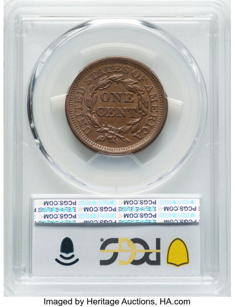 image for: 1856 1C Upright 5, N-6, R.1, MS61 Brown PCGS. CAC. CAC: 1 in 61, 71 finer (10/25). CDN: $180 Whsle. Bid for NGC/PCGS MS61. ...