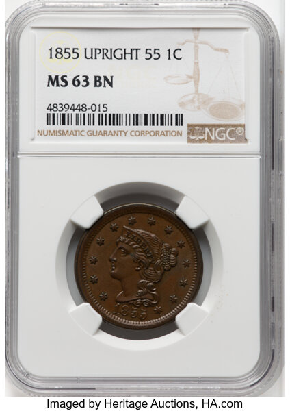 image for: 1855 1C Upright 55, N-3, R.1, MS63 Brown NGC. CDN: $235 Whsle. Bid for NGC/PCGS MS63. Mintage 1,574,829.From the Mark G...
