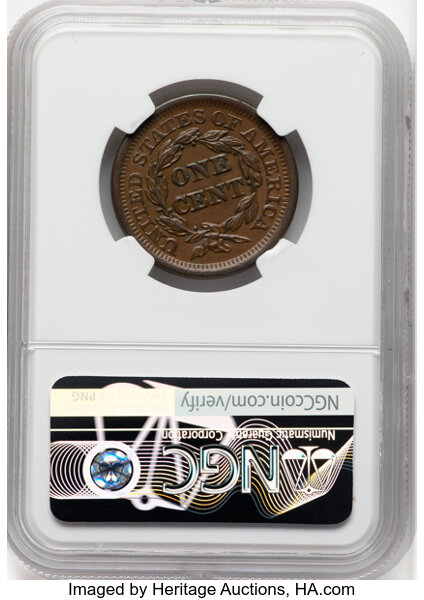 image for: 1855 1C Upright 55, N-3, R.1, MS63 Brown NGC. CDN: $235 Whsle. Bid for NGC/PCGS MS63. Mintage 1,574,829.From the Mark G...