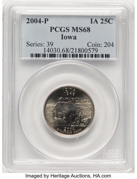 image for: 2004-P 25C Iowa MS68 PCGS. PCGS Population: 21 in 68, 0 finer (10/25). CDN: $360 Whsle. Bid for NGC/PCGS MS68. ...