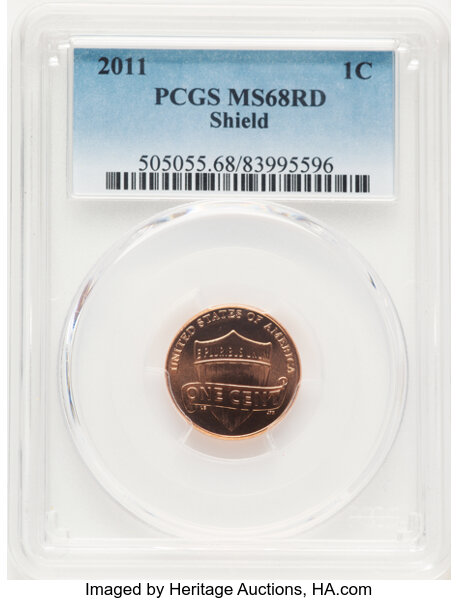 image for: 2011 1C Shield MS68 Red PCGS. PCGS Population: 43 in 68 (1 in 68+), 0 finer (10/25). CDN: $200 Whsle. Bid for NGC/PCGS MS68...