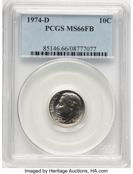 image for: 1974-D 10C MS66 Full Bands PCGS. PCGS Population: 22 in 66, 4 finer (10/25). CDN: $75 Whsle. Bid for NGC/PCGS MS66. Mintage...