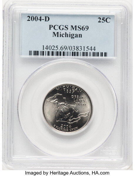 image for: 2004-D 25C Michigan MS69 PCGS. PCGS Population: 31 in 69, 0 finer (10/25). CDN: $210 Whsle. Bid for NGC/PCGS MS69. ...