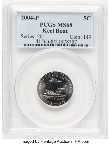 image for: 2004-P 5C Keel Boat MS68 PCGS. PCGS Population: 24 in 68, 0 finer (10/25). CDN: $300 Whsle. Bid for NGC/PCGS MS68. ...