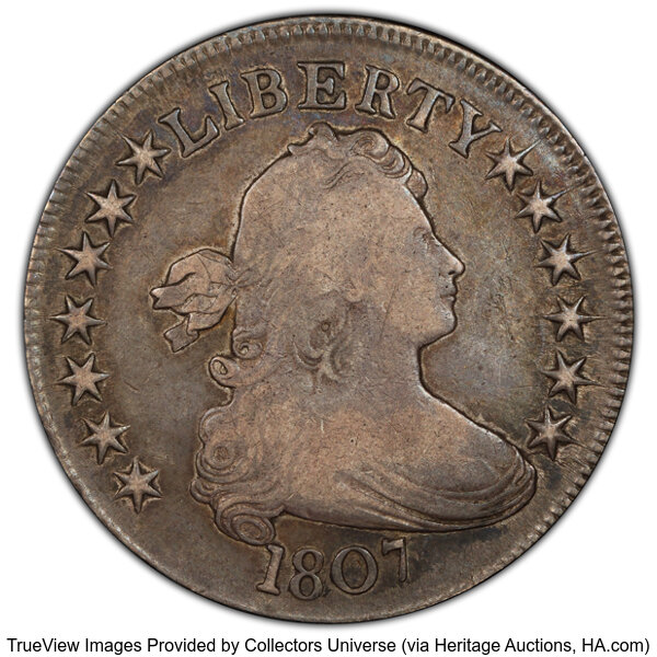 image for: 1807 50C Draped Bust, O-108, T-1, Low R.4, Fine 15 PCGS. PCGS Population: 5 in 15, 8 finer (10/25). CDN: $600 Whsle. Bid fo...