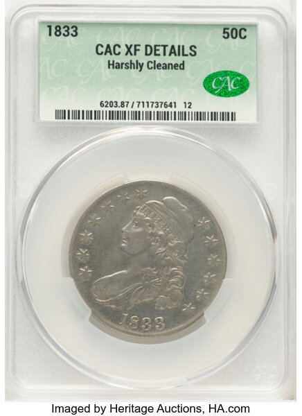 image for: 1833 50C O-102, R.1 -- Harshly Cleaned -- CACG Details. XF.  Mintage 5,206,000....