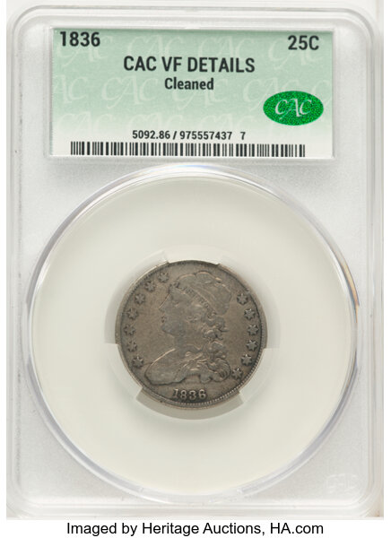 image for: 1836 25C B-3, R.1 -- Cleaned -- CACG Details. VF.  Mintage 472,000....
