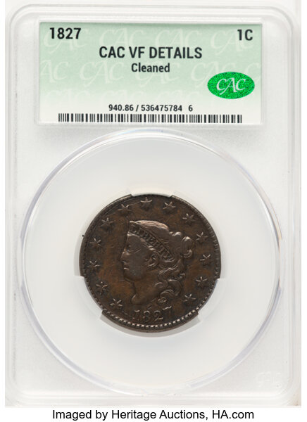 image for: 1827 1C N-8, R.3 -- Cleaned -- CACG Details. VF.  Mintage 2,357,732....