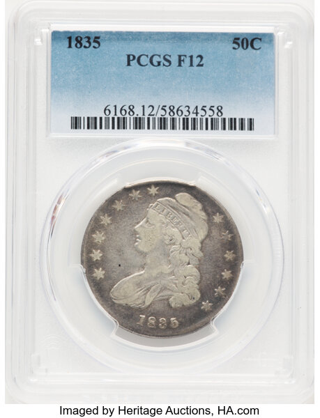 image for: 1835 50C O-106, R.1, Fine 12 PCGS. CDN: $70 Whsle. Bid for NGC/PCGS Fine 12. Mintage 5,352,006....