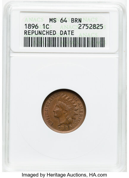 image for: 1896 1C Repunched Date, Snow-1, FS-301, MS64 Brown ANACS.  Housed in a small-sized holder. Mintage 39,057,293....