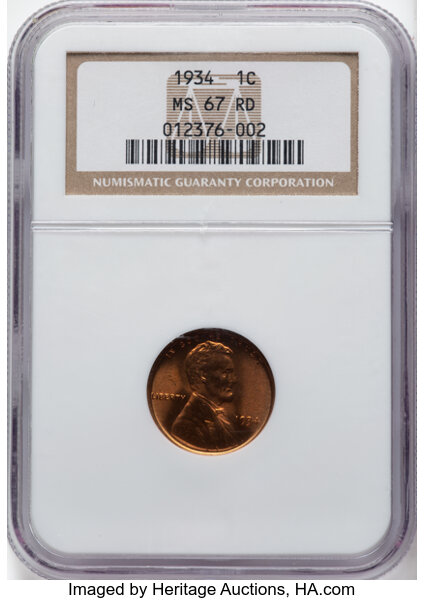 1934 1C MS67 Red NGC. CDN: $200 Whsle. Bid for NGC/PCGS MS67. Mintage 219,080,000.From the Grant Powell Collection....