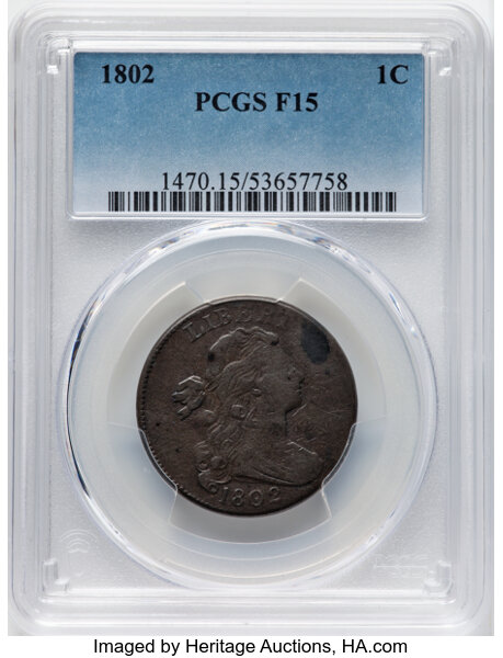 image for: 1802 1C S-237, B-10, R.2, Fine 15 PCGS. CDN: $285 Whsle. Bid for NGC/PCGS Fine 15. Mintage 3,435,100.From the JGC Colle...