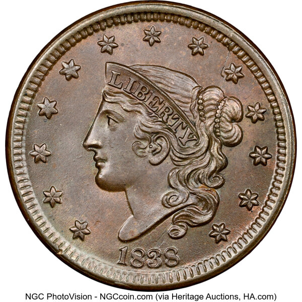 image for: 1838 1C N-4, R.2, MS64 Brown NGC. NGC Census: 7 in 64, 6 finer (10/25). CDN: $1,050 Whsle. Bid for NGC/PCGS MS64. ...