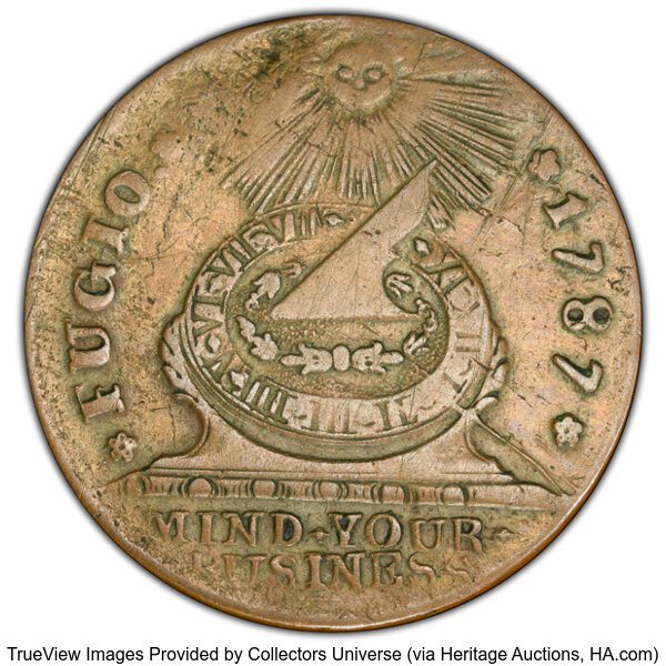 image for: 1787 Fugio Cent, STATES UNITED, Eight-Pointed Stars, N. 15-Y, W-6915, R.2, VF30 PCGS. CAC. PCGS Population: 19 in 30, 74 fin...