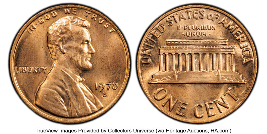 image for: 1970-S 1C Large Date, Doubled Die Obverse, FS-101, MS64 Red PCGS. PCGS Population: 24 in 64, 31 finer (10/25). CDN: $2,000 ...