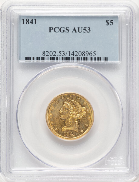 image for: 1841 $5 AU53 PCGS. PCGS Population: 6 in 53, 27 finer (10/25). CDN: $2,800 Whsle. Bid for NGC/PCGS AU53. Mintage 15,800. ...