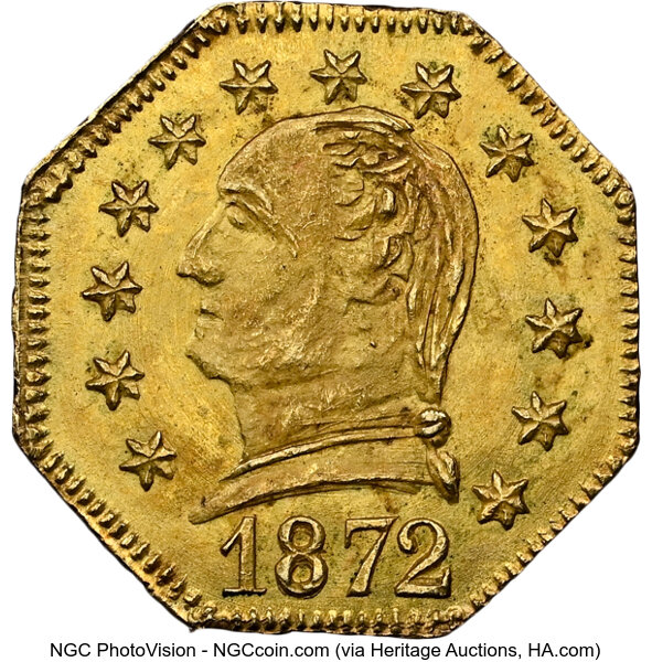 image for: 1872 25C Washington Octagonal 25 Cents, Baker-503, BG-722, Low R.4, MS66 NGC. NGC Census: 9 in 66 (1 in 66+), 1 finer (10/2...