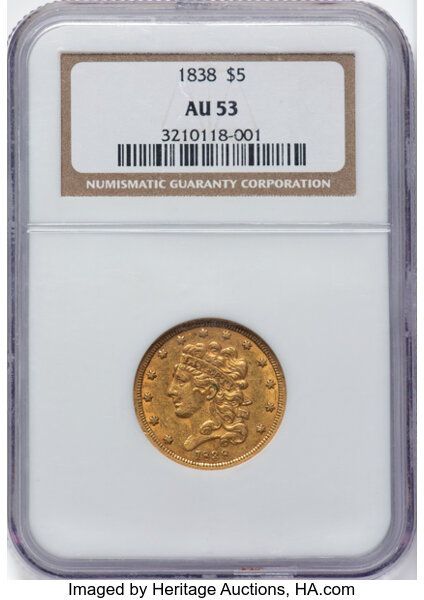 image for: 1838 $5 HM-2, R.3, AU53 NGC. NGC Census: (98/414).  Mintage 286,588....