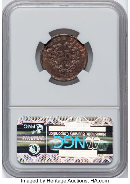 image for: 1869 25C Standard Silver Quarter, Judd-735, Pollock-816, Low R.7 -- Reverse Struck-Thru -- PR64 Red and Brown NGC. NGC Cens...