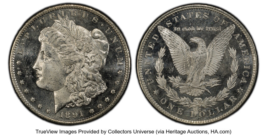 image for: 1891-CC $1 Spitting Eagle, VAM-3, MS63 Deep Mirror Prooflike PCGS. A Top 100 Variety. PCGS Population: (14/6)....