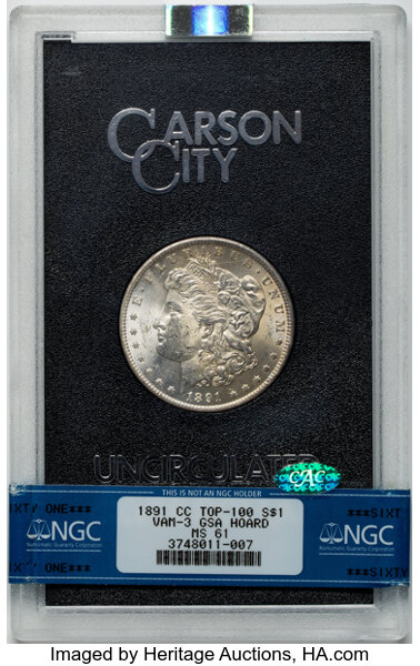 image for: 1891-CC $1 Spitting Eagle, VAM-3, GSA, MS61 NGC. CAC. A Top 100 Variety. CAC Population: (1/2). Mintage 1,618,000....