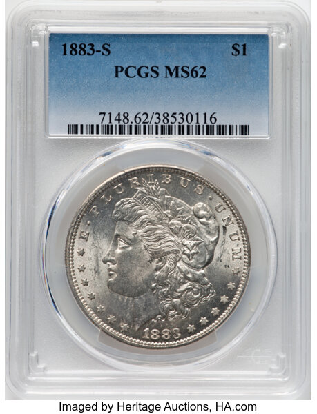 1883-S $1 MS62 PCGS. CDN: $1,650 Whsle. Bid for NGC/PCGS MS62. Mintage 6,250,000. ...