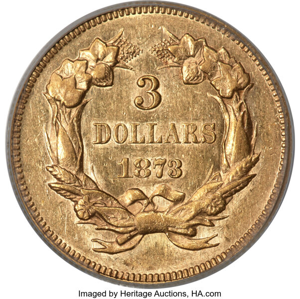 image for: 1873 $3 Closed 3 AU58 PCGS....