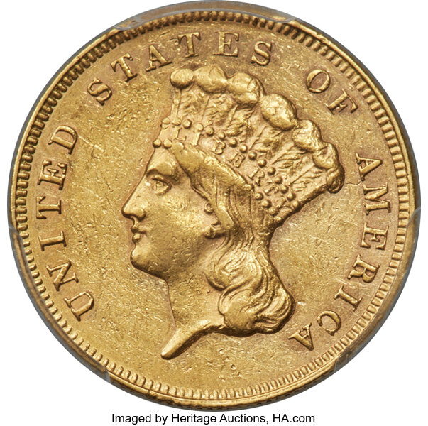 image for: 1865 $3 AU55 PCGS....