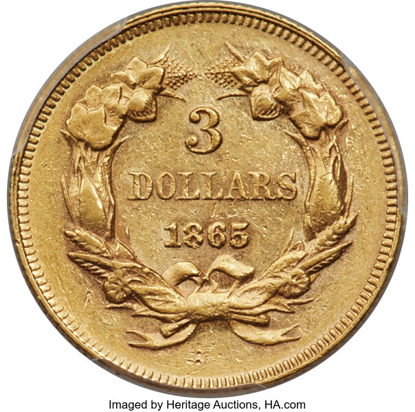 image for: 1865 $3 AU55 PCGS....