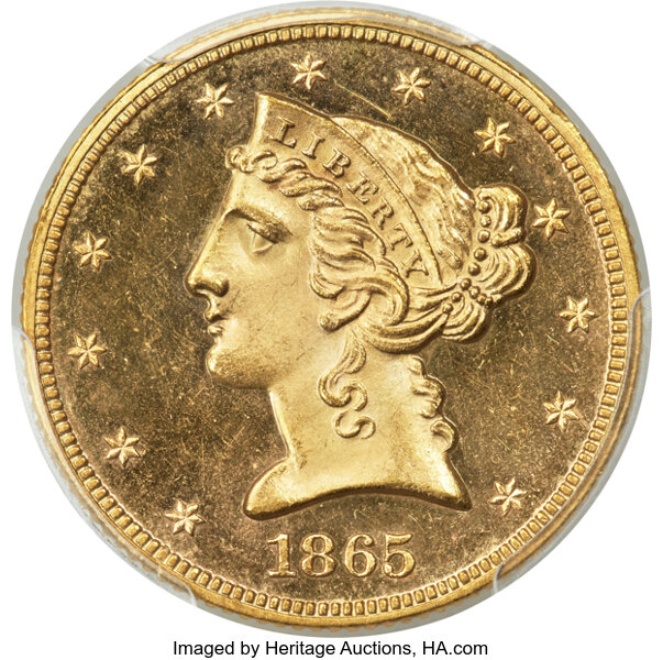 image for: 1865 $5 JD-1, High R.6, PR64 Cameo PCGS. CAC....
