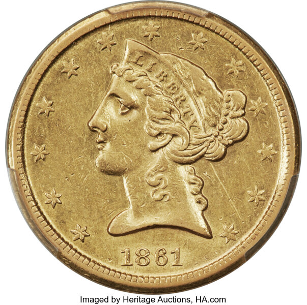 image for: 1861-D $5 AU55 PCGS. Winter 47-GG....