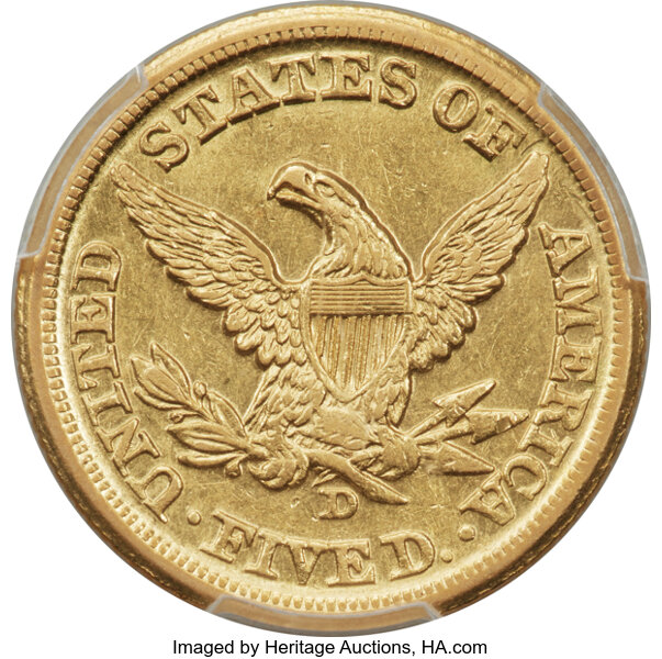 image for: 1861-D $5 AU55 PCGS. Winter 47-GG....