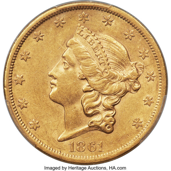 image for: 1861-S $20 Paquet AU55 PCGS....