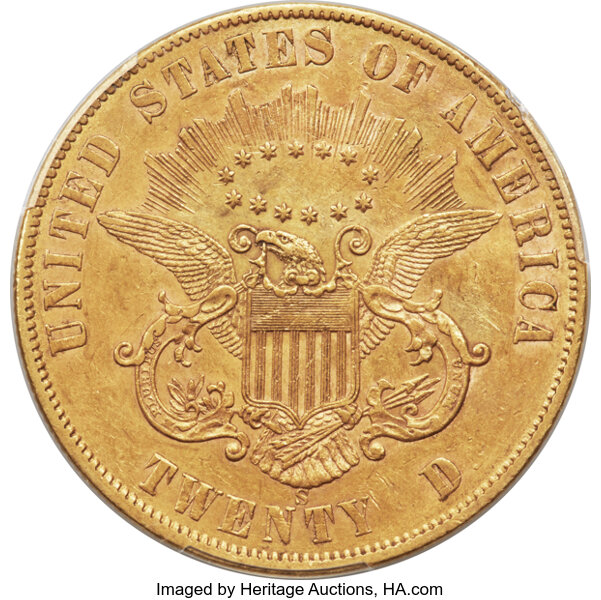 image for: 1861-S $20 Paquet AU55 PCGS....