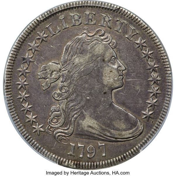 image for: 1797 $1 9x7 Stars, Small Letters, B-2, BB-72, R.4, VF35 PCGS....