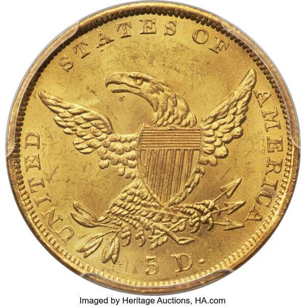 image for: 1836 $5 Block 8, HM-7, R.3, MS64+ PCGS....