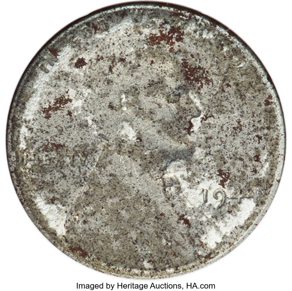 image for: 1944 1C Struck on a Zinc-Coated Steel Planchet -- Corroded -- ANACS Genuine....