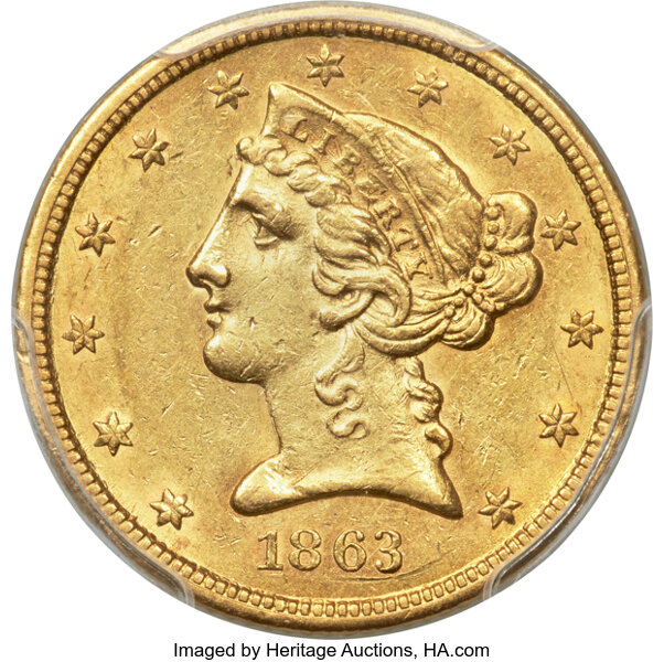 image for: 1863-S $5 AU58 PCGS....