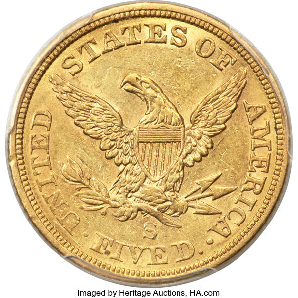 image for: 1863-S $5 AU58 PCGS....