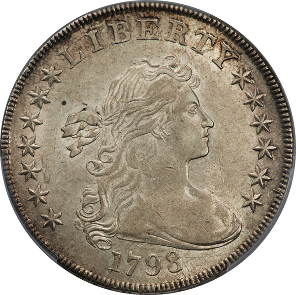 image for: 1798 $1 Large Eagle, Pointed 9, 4 Lines, B-24, BB-124, R.2, AU58 PCGS....