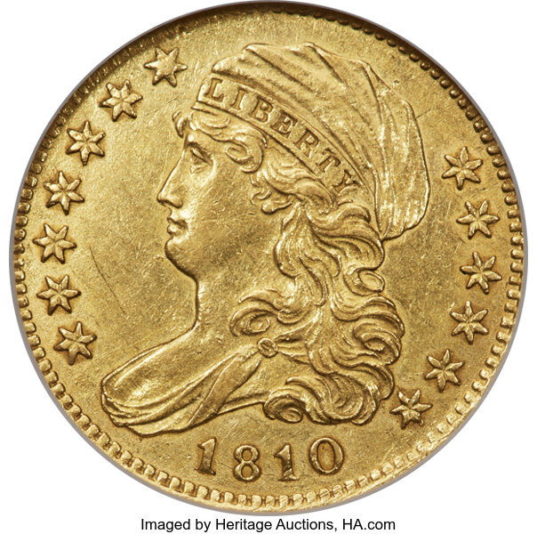 image for: 1810 $5 Small Date, Tall 5, BD-1, High R.3, AU58 NGC....