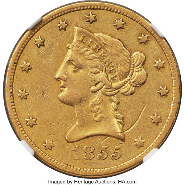 image for: 1855-O $10 -- Obverse Struck Through -- XF45 NGC. Winter-1....