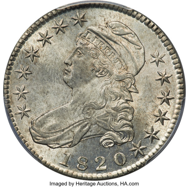 image for: 1820 50C Square Base 2, Large Date, Knob 2, O-105, R.1, MS62 PCGS....