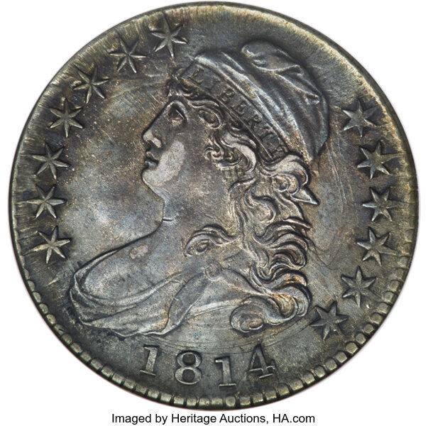 image for: 1814 50C E Over A in STATES, O-108a, R.1, AU55 NGC....