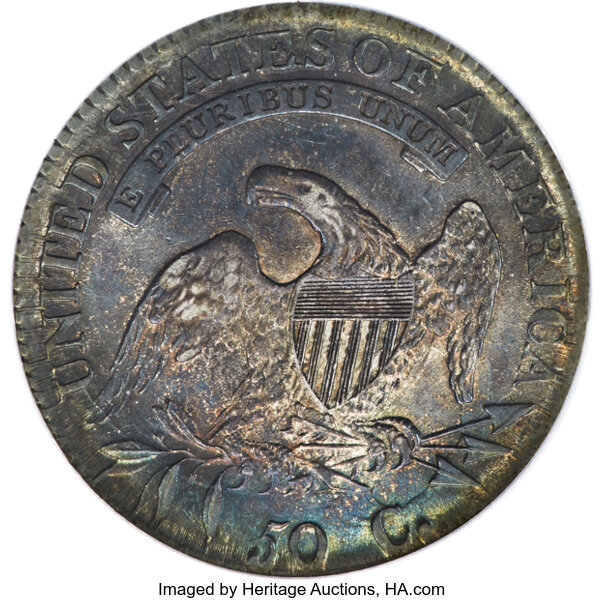 image for: 1814 50C E Over A in STATES, O-108a, R.1, AU55 NGC....