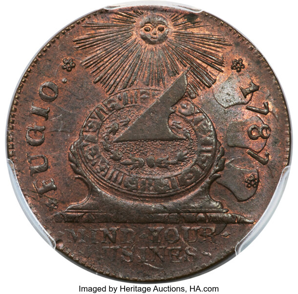 image for: 1787 Fugio Cent, STATES UNITED, 4 Cinquefoils, Pointed Rays, N. 11-X, W-6790, R.4, MS64 Brown PCGS. CAC....