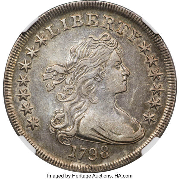 image for: 1798 $1 Large Eagle, Pointed 9, Close Date, 4 Lines, B-31a, BB-115, R.4, XF45 NGC....