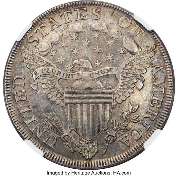 image for: 1798 $1 Large Eagle, Pointed 9, Close Date, 4 Lines, B-31a, BB-115, R.4, XF45 NGC....