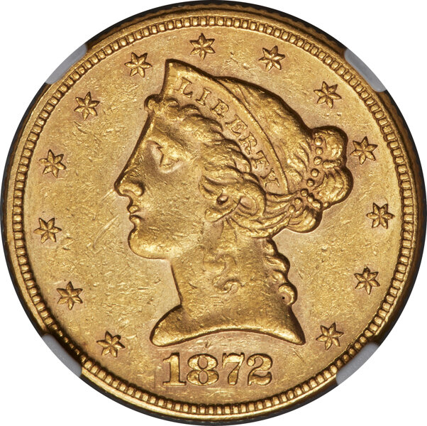 image for: 1872 $5 AU55 NGC....